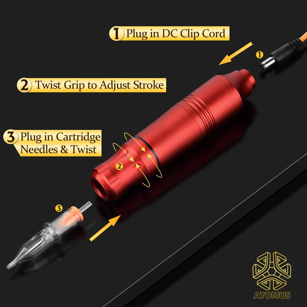 ATOMUS Rotary Tattoo Machine Pen Style Cartridge Machine Gun Liner Shader with DC Cord 9000r/m Motor Zinc Alloy Tattoo Machine Kit for Body Art Tattoo (Red) - view 6