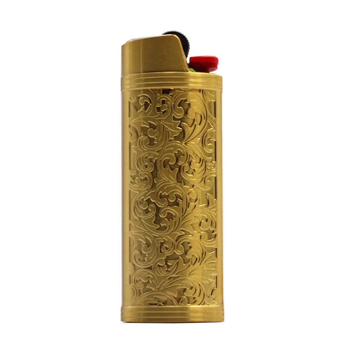 Lucklybestseller Metal Lighter Case Cover Holder for BIC Full Size Lighter, Gold | Vintage Floral Stamped - main product image