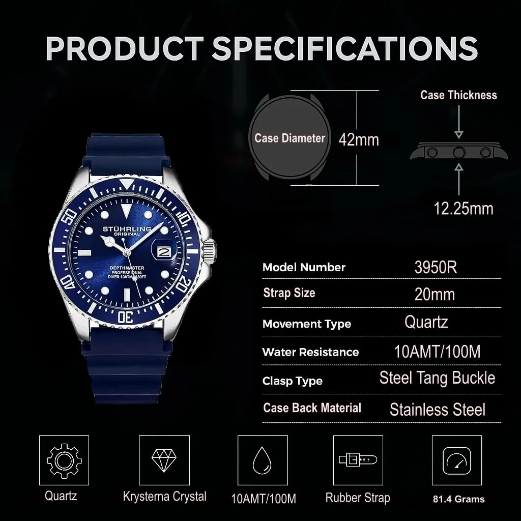 Stuhrling Original Men’s Dive Watch 42mm Stainless Steel | Water Resistant to 100M, Japanese Quartz, Rubber Strap - view 6