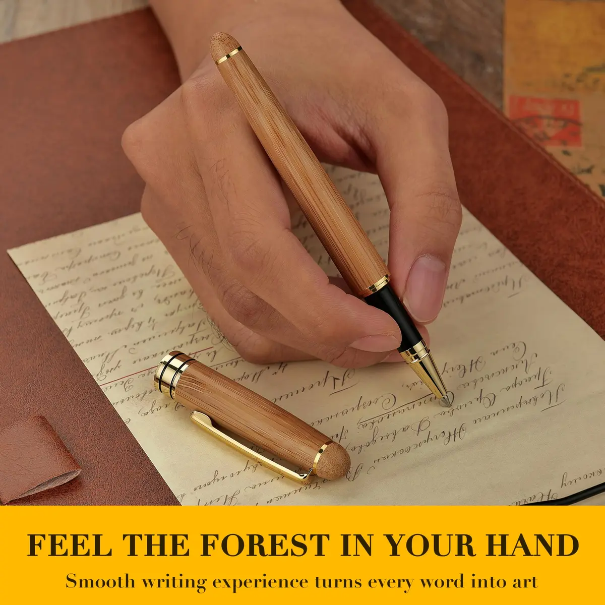 BEILUNER Wooden Rollerball Pen Writing Set Bamboo with Gold Finish | Elegant Vintage Craftsmanship - view 4
