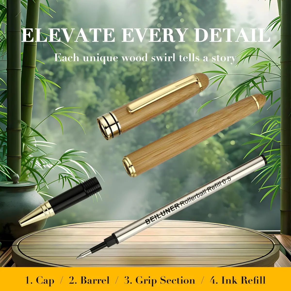 BEILUNER Wooden Rollerball Pen Writing Set Bamboo with Gold Finish | Elegant Vintage Craftsmanship - view 6