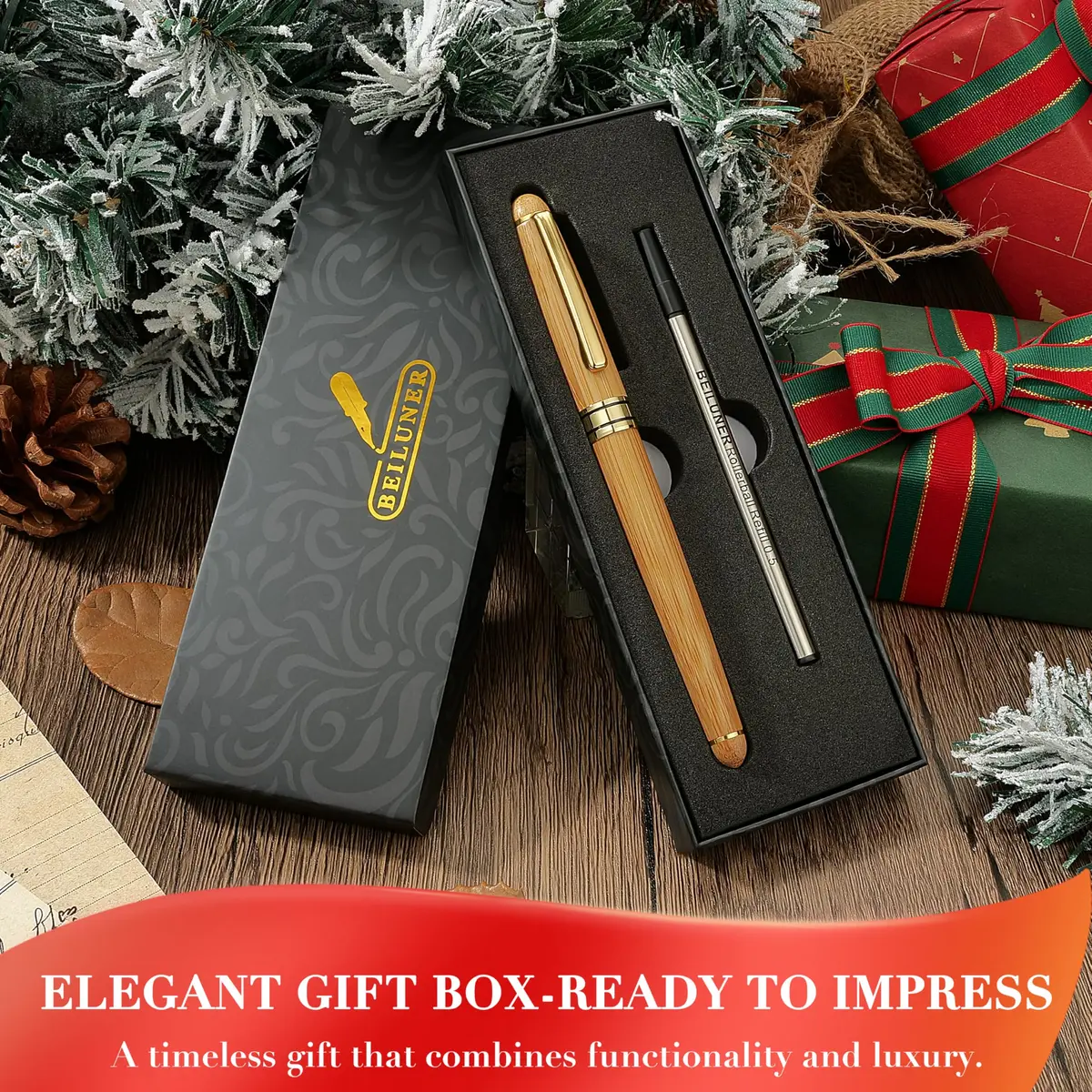 BEILUNER Wooden Rollerball Pen Writing Set Bamboo with Gold Finish | Elegant Vintage Craftsmanship - view 7