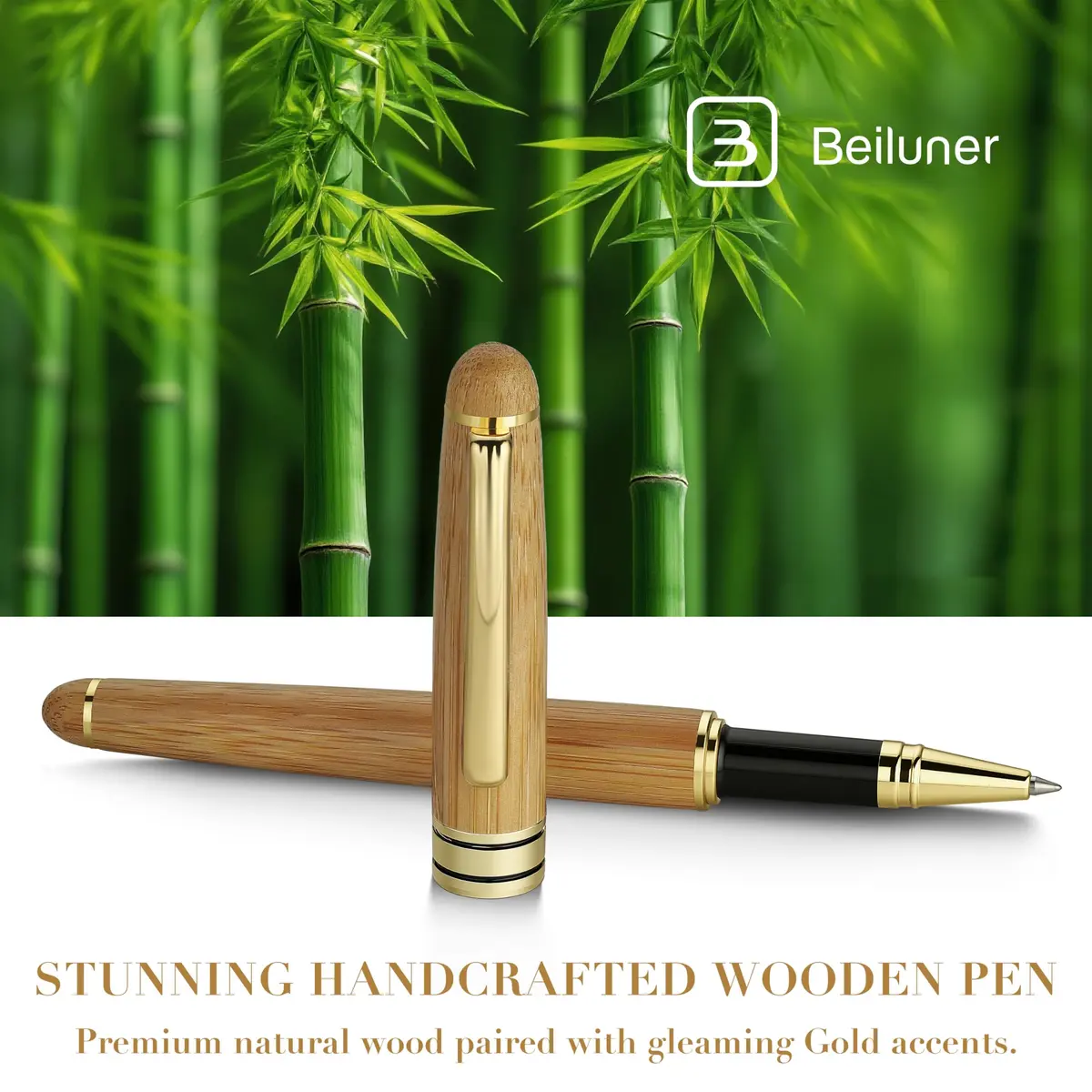 BEILUNER Wooden Rollerball Pen Writing Set Bamboo with Gold Finish | Elegant Vintage Craftsmanship - view 2