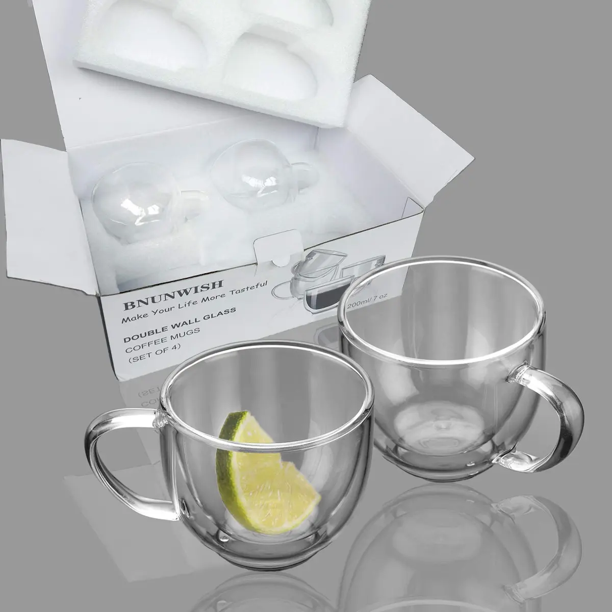 BNUNWISH Double Wall Glass Expresso Coffee Mugs Set Of 4 (7 OZ / 200 ML) Insulated Clear Cappuccino Cups - view 5