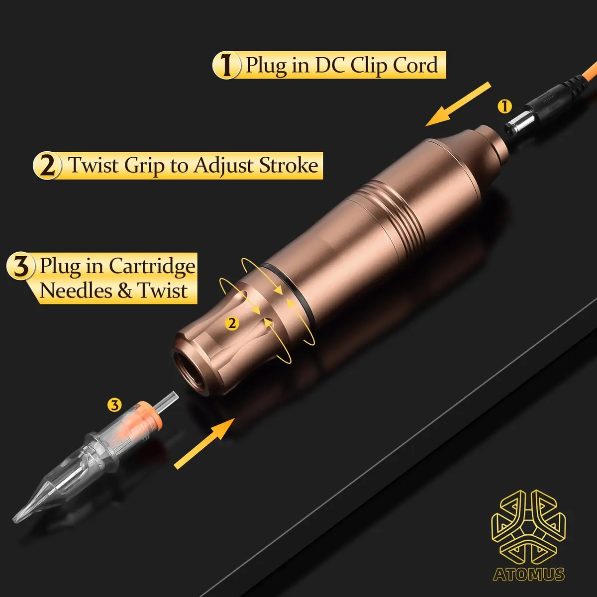 ATOMUS Rotary Tattoo Machine Pen Style, Champagne Zinc Alloy, 9000 RPM | Liner Shader with DC Cord - view 6