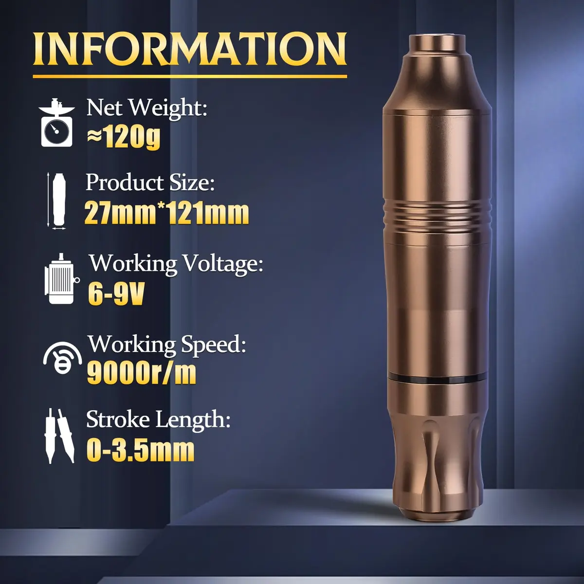 ATOMUS Rotary Tattoo Machine Pen Style, Champagne Zinc Alloy, 9000 RPM | Liner Shader with DC Cord - view 2