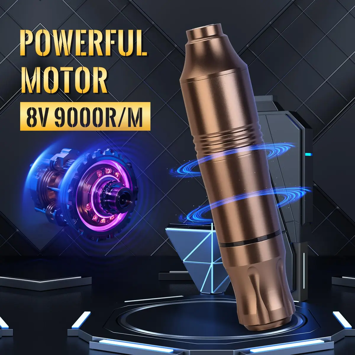 ATOMUS Rotary Tattoo Machine Pen Style, Champagne Zinc Alloy, 9000 RPM | Liner Shader with DC Cord - view 3