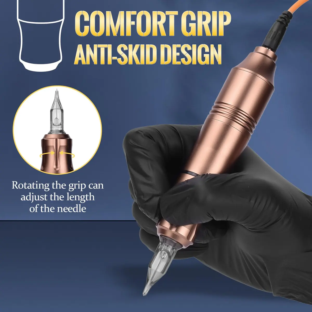 ATOMUS Rotary Tattoo Machine Pen Style, Champagne Zinc Alloy, 9000 RPM | Liner Shader with DC Cord - view 4
