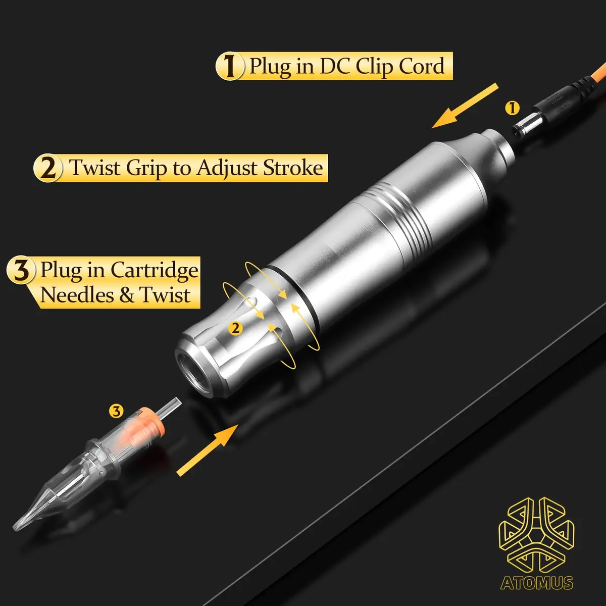 ATOMUS Rotary Tattoo Machine Pen Style Cartridge Machine Gun Liner Shader with DC Cord 9000r/m Motor Zinc Alloy Tattoo Machine Kit for Body Art Tattoo (Silver) - view 6