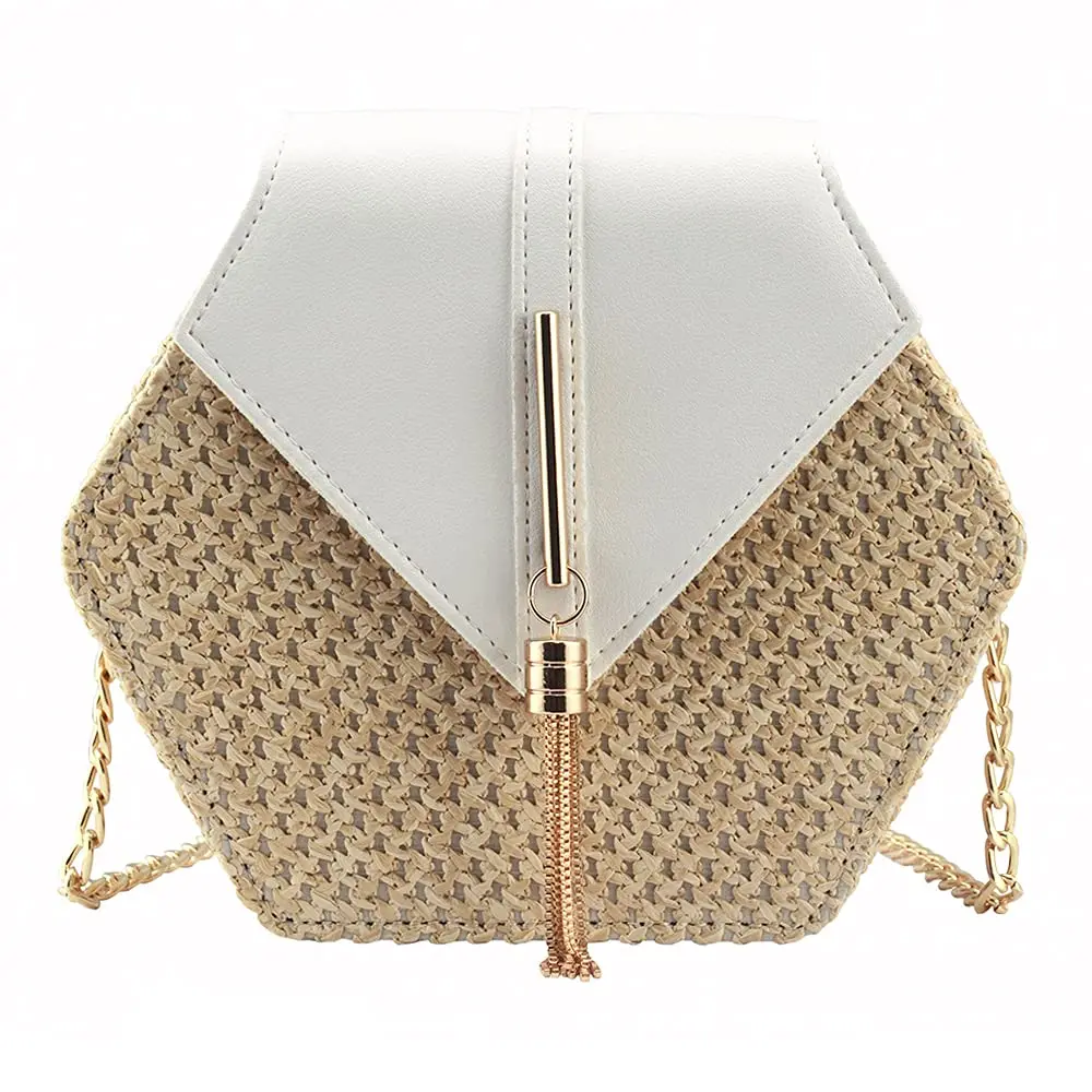 Bausweety Women's Crossbody Bag Cute Straw Shoulder Bag | PU Leather & Straw, 8"x2.8"x7" - main product image