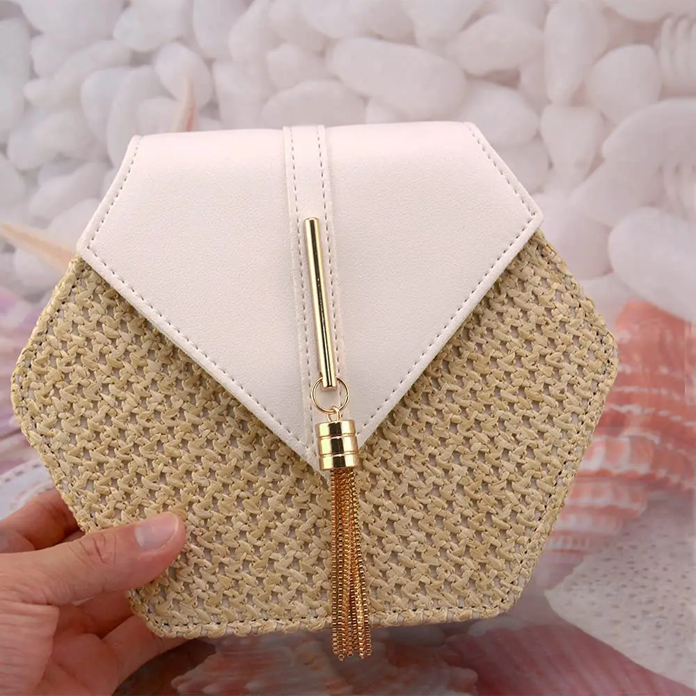 Bausweety Women's Crossbody Bag Cute Straw Shoulder Bag | PU Leather & Straw, 8"x2.8"x7" - view 3
