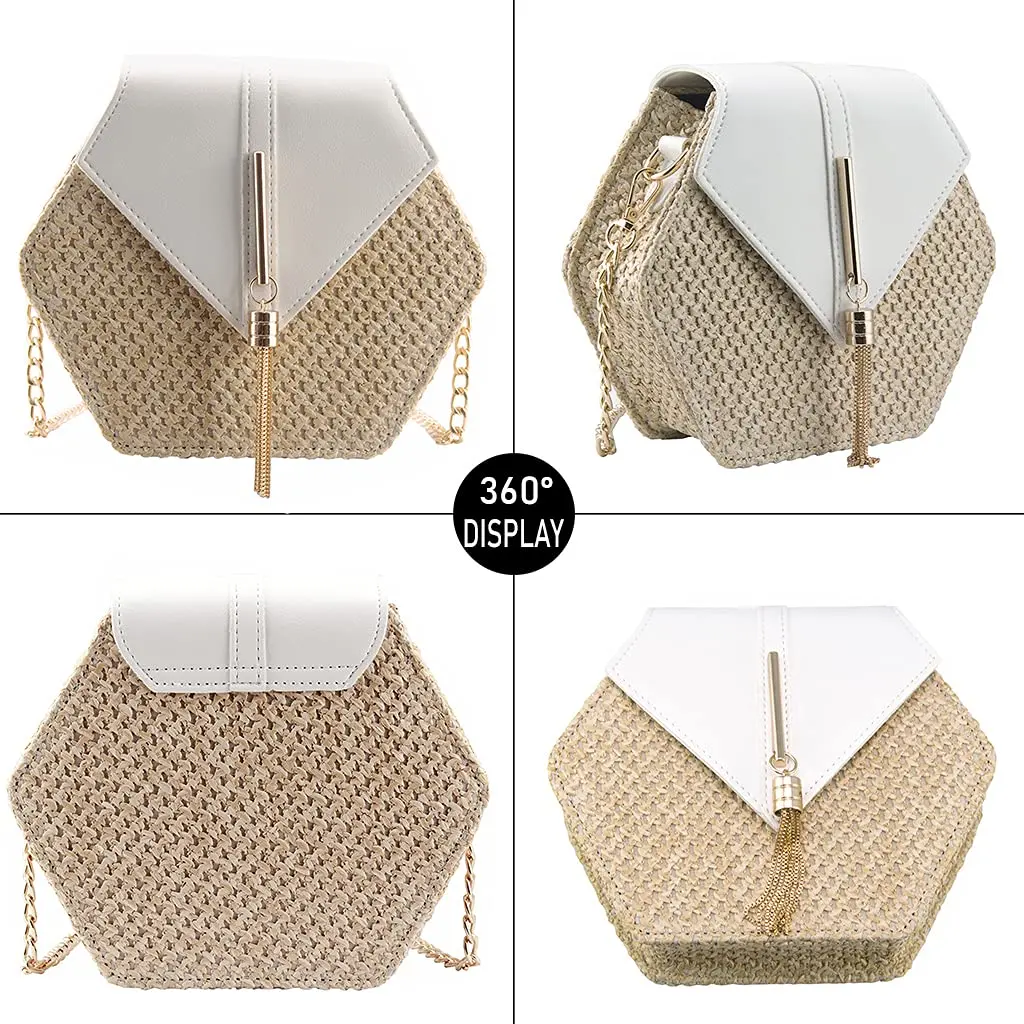 Bausweety Women's Crossbody Bag Cute Straw Shoulder Bag | PU Leather & Straw, 8"x2.8"x7" - view 4