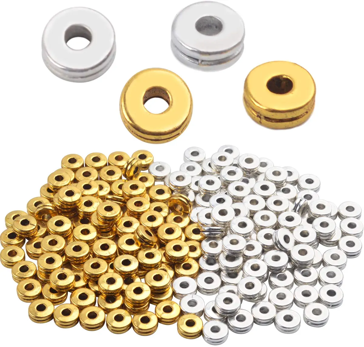 Aylifu Metal Spacer Beads 6mm (0.24 inch) Flat Round Disc Rondelle Spacer Beads for Jewelry Making - Silver & Golden (200pcs) - main product image