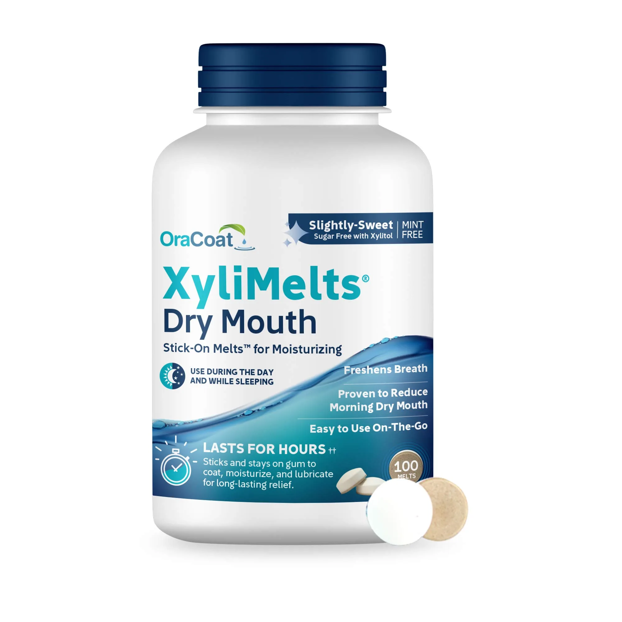 Oracoat XyliMelts Dry Mouth Discs, Sugar-Free with Xylitol, 100 Count | 8-Hour Relief for Day or Night - main product image