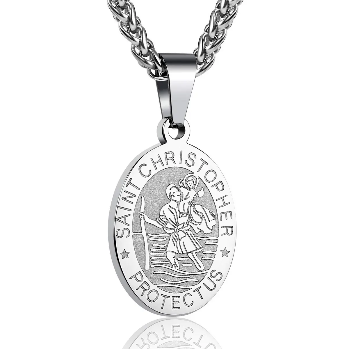 P. BLAKE Saint Christopher Medal Necklace for Men, Silver Stainless Steel Pendant Chain | Religious Travel Protection Jewelry - main product image