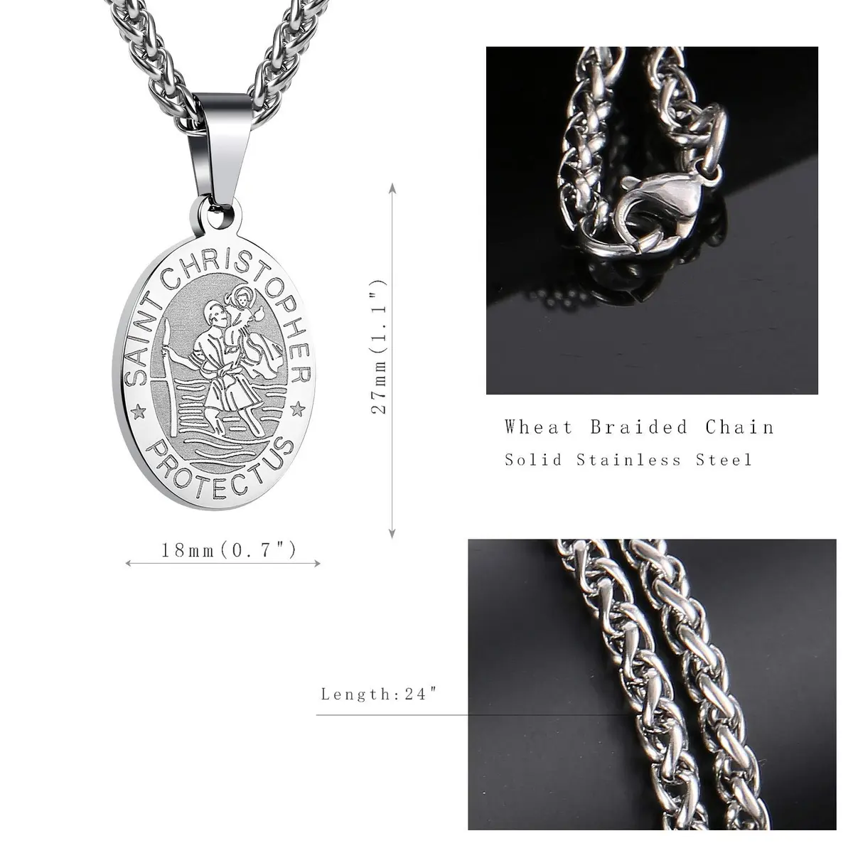 P. BLAKE Saint Christopher Medal Necklace for Men, Silver Stainless Steel Pendant Chain | Religious Travel Protection Jewelry - view 5
