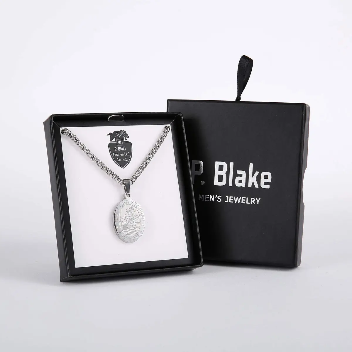 P. BLAKE Saint Christopher Medal Necklace for Men, Silver Stainless Steel Pendant Chain | Religious Travel Protection Jewelry - view 6