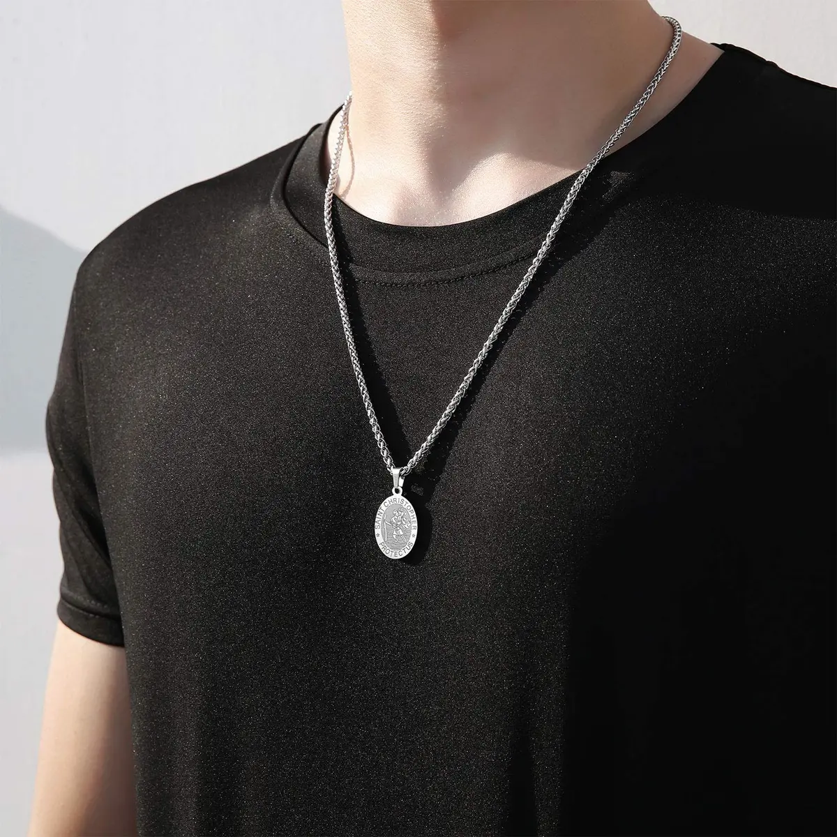 P. BLAKE Saint Christopher Medal Necklace for Men, Silver Stainless Steel Pendant Chain | Religious Travel Protection Jewelry - view 2