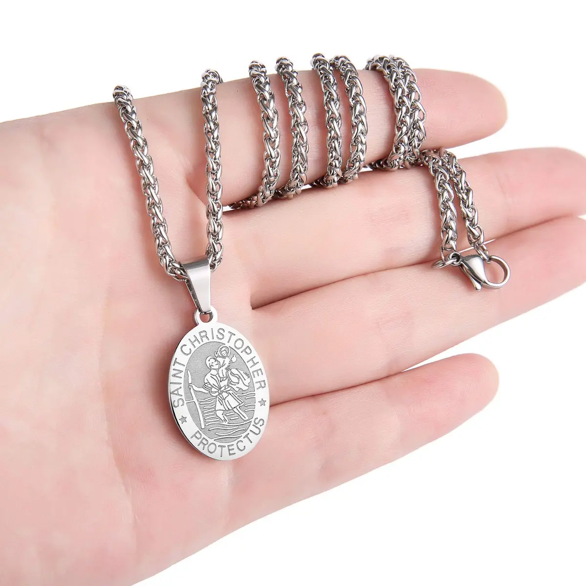 P. BLAKE Saint Christopher Medal Necklace for Men, Silver Stainless Steel Pendant Chain | Religious Travel Protection Jewelry - view 3