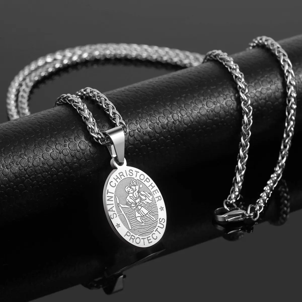 P. BLAKE Saint Christopher Medal Necklace for Men, Silver Stainless Steel Pendant Chain | Religious Travel Protection Jewelry - view 4