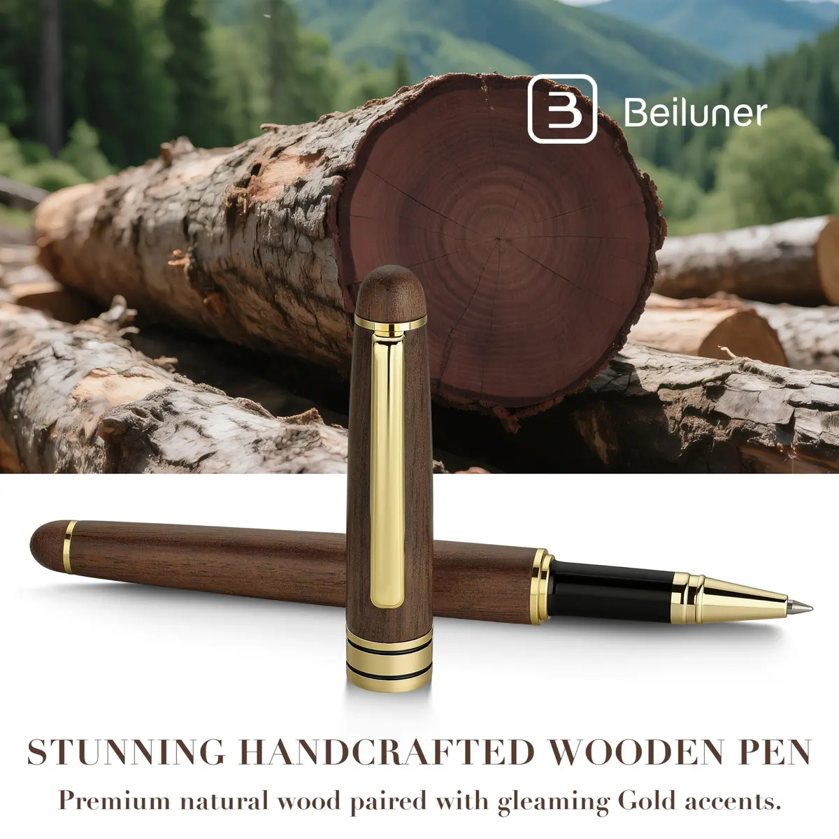 BEILUNER Walnut Wood Rollerball Pen Set | Vintage Handcrafted Writing Instrument for Professionals & Gift - view 2