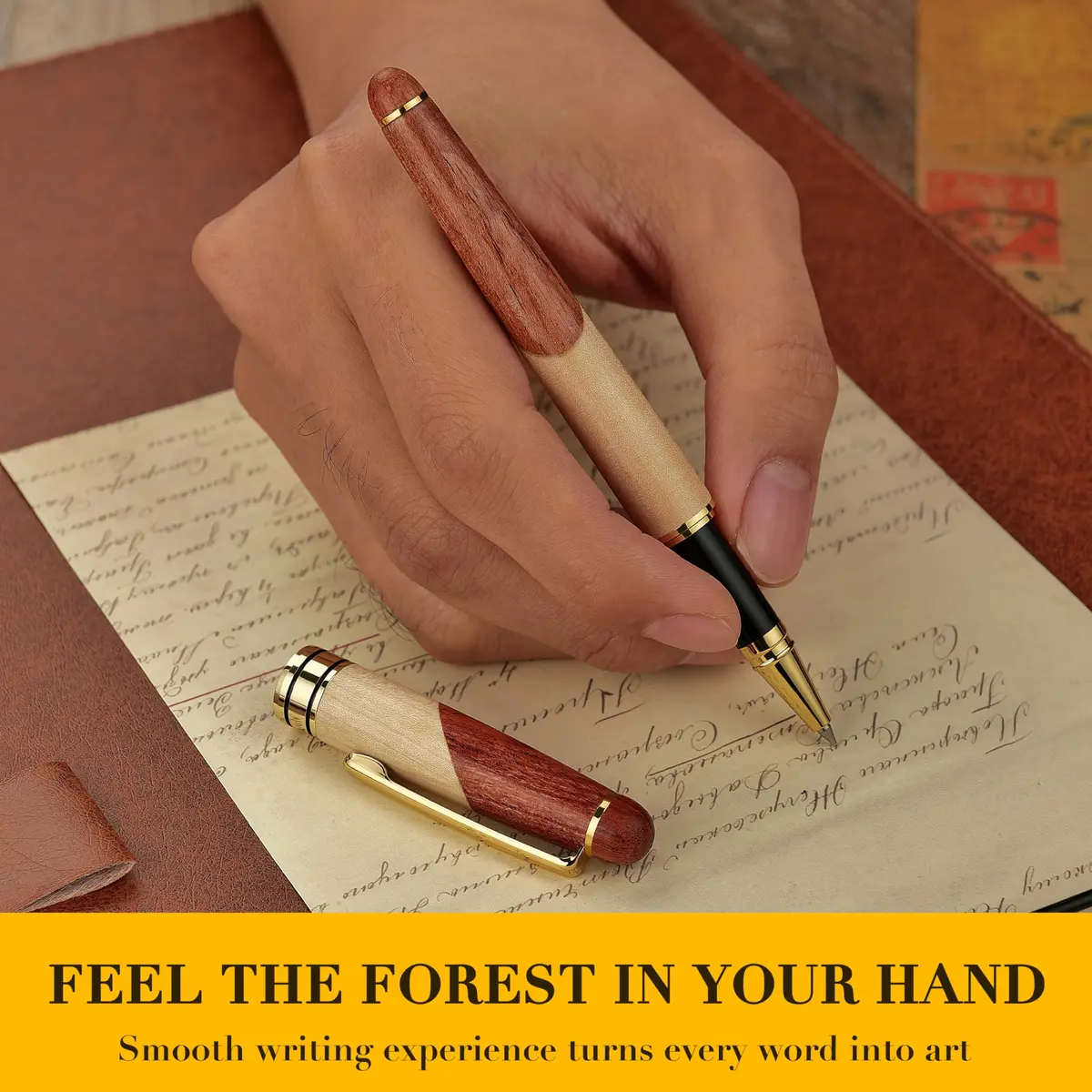 BEILUNER Luxury Wood Rollerball Pen Writing Set, Maple with Gold Finish | Vintage Handcrafted Gift - view 4