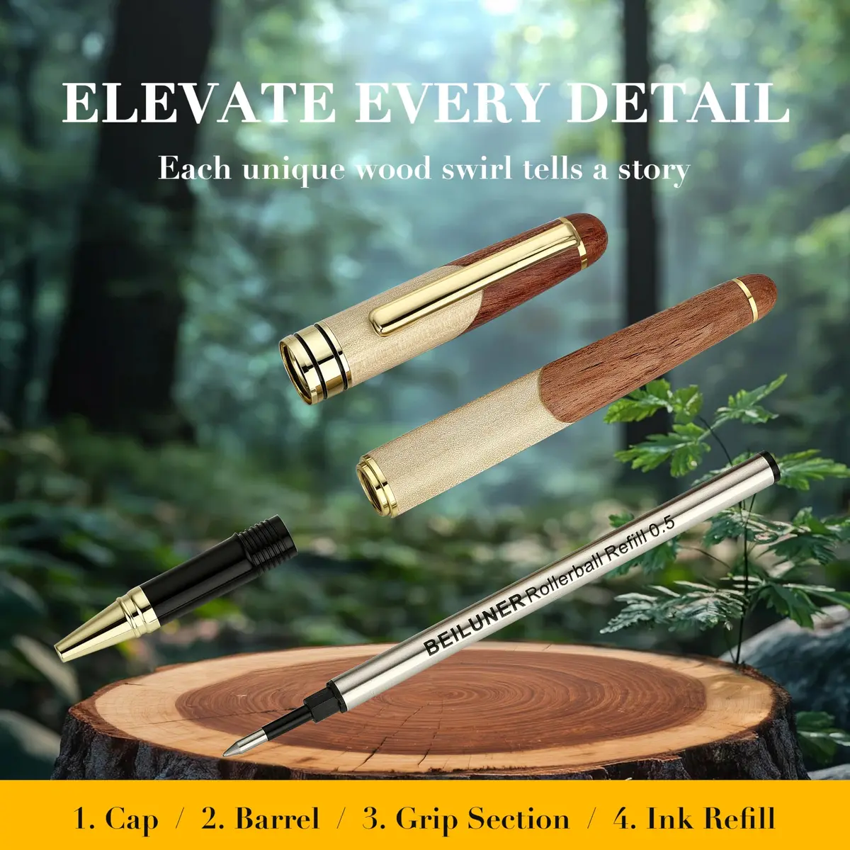 BEILUNER Luxury Wood Rollerball Pen Writing Set, Maple with Gold Finish | Vintage Handcrafted Gift - view 6