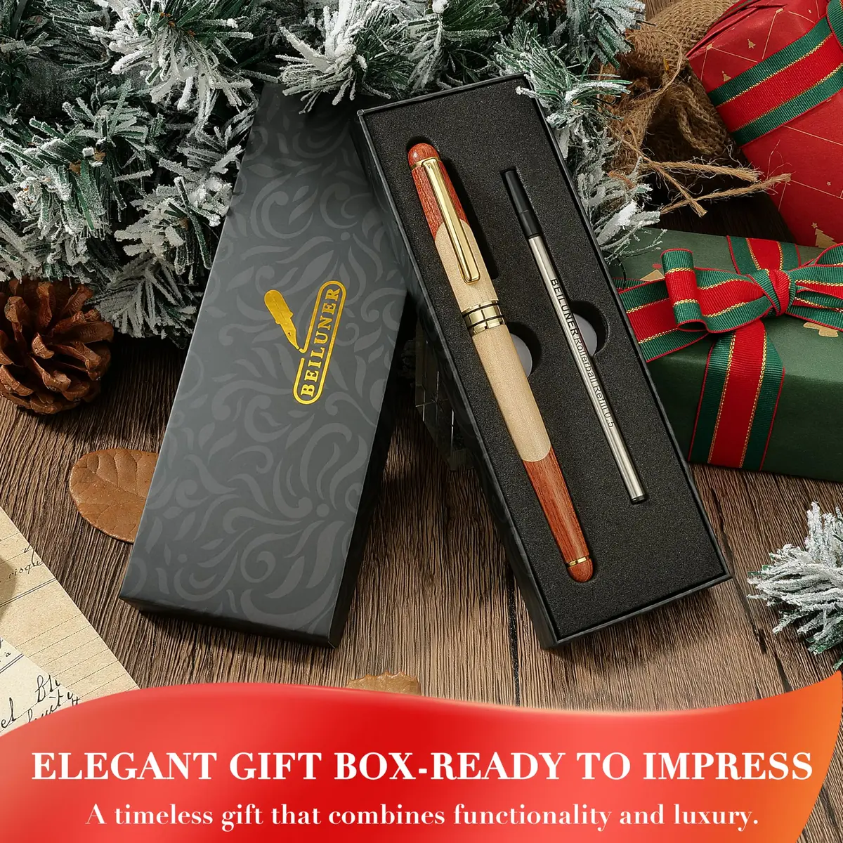 BEILUNER Luxury Wood Rollerball Pen Writing Set, Maple with Gold Finish | Vintage Handcrafted Gift - view 7