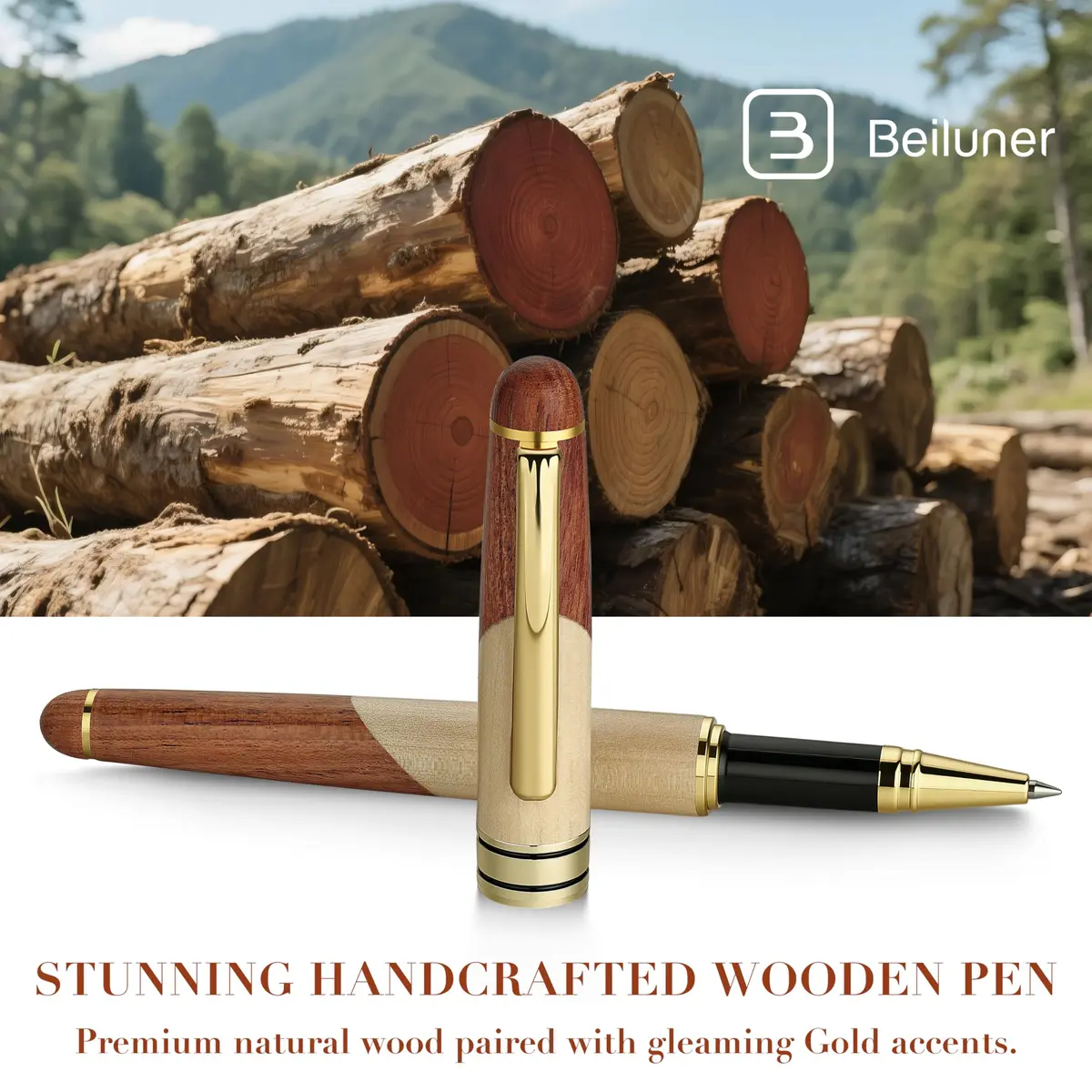 BEILUNER Luxury Wood Rollerball Pen Writing Set, Maple with Gold Finish | Vintage Handcrafted Gift - view 2