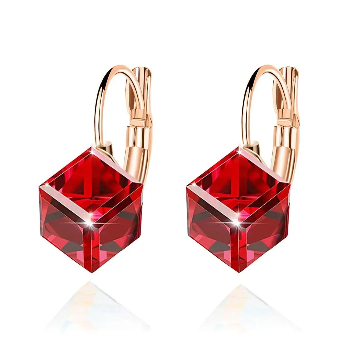 EVEVIC Austrian Crystal Cube Drop Leverback Earrings for Women | 14K Rose Gold Plated Hypoallergenic Jewelry - main product image
