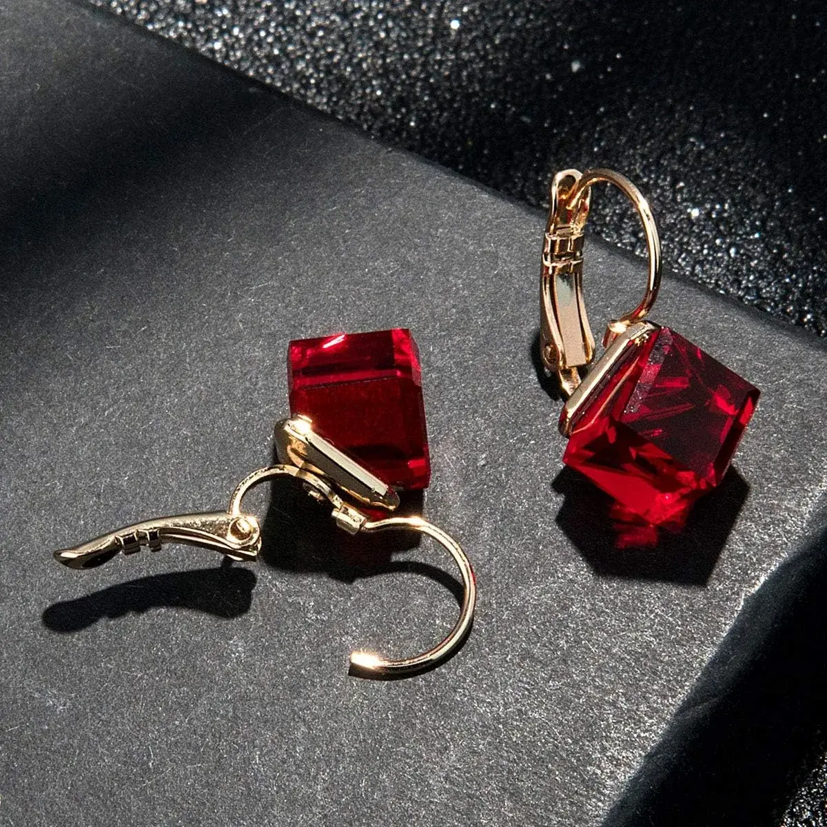EVEVIC Austrian Crystal Cube Drop Leverback Earrings for Women | 14K Rose Gold Plated Hypoallergenic Jewelry - view 5