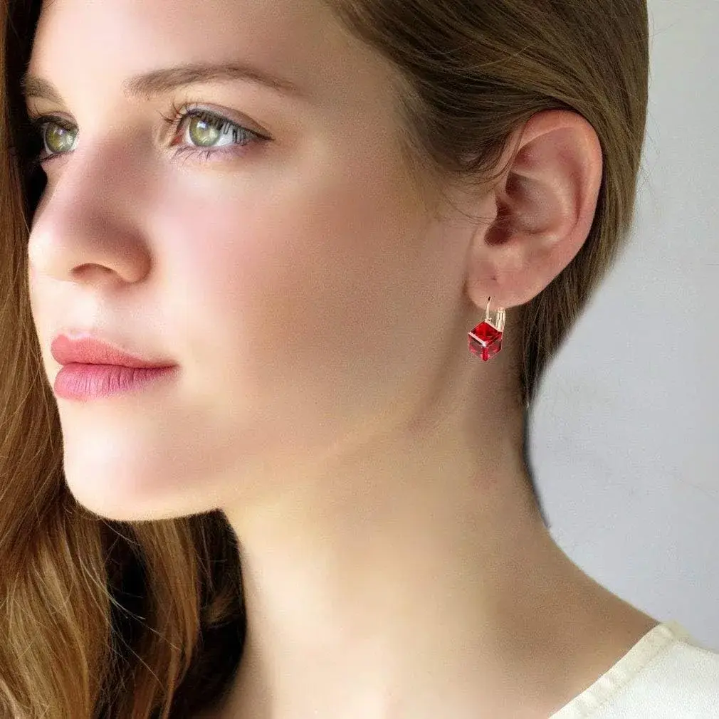 EVEVIC Austrian Crystal Cube Drop Leverback Earrings for Women | 14K Rose Gold Plated Hypoallergenic Jewelry - view 2