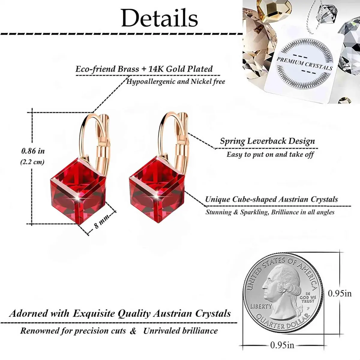 EVEVIC Austrian Crystal Cube Drop Leverback Earrings for Women | 14K Rose Gold Plated Hypoallergenic Jewelry - view 4