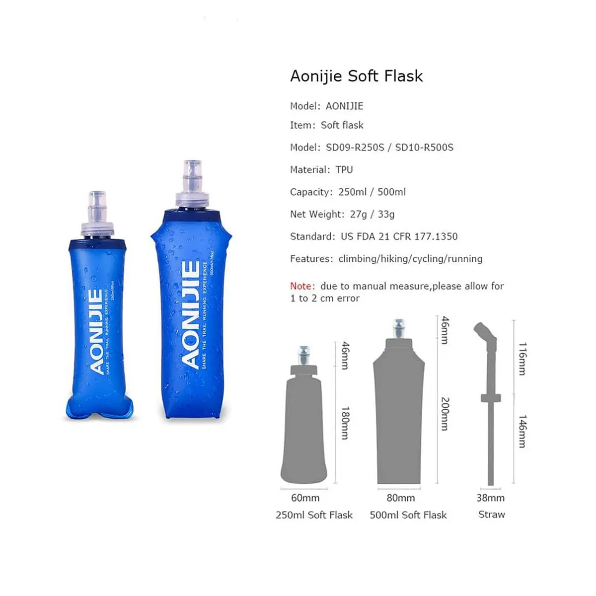 AONIJIE Soft Water Bottle 2 Pack 500ml | Collapsible, BPA-Free Hydration Flask for Cycling & Outdoors - view 2