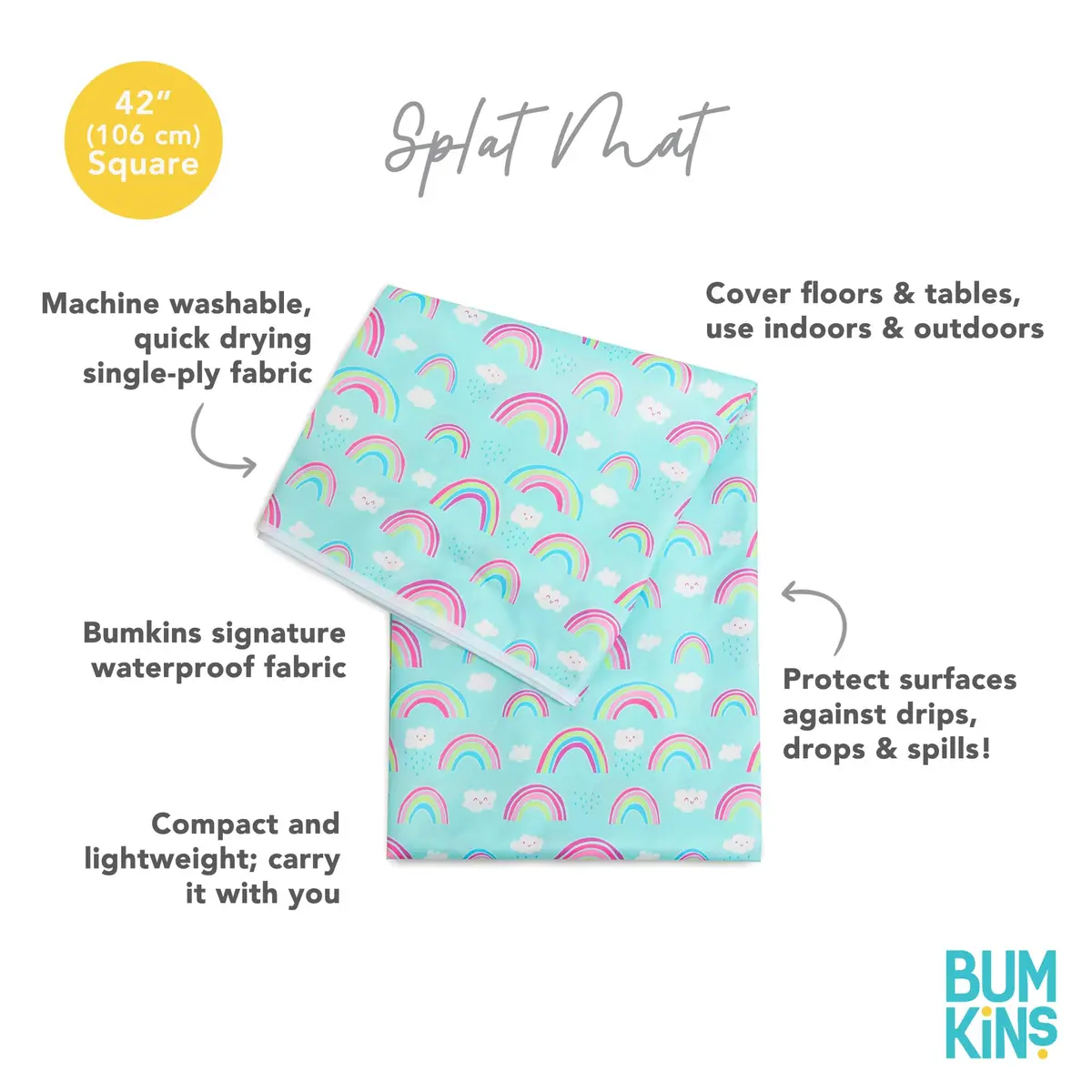 Bumkins Splat Mat 42x42 Inch Waterproof Reusable Fabric for Kids, Arts & Crafts, Playtime, Rainbow Blue - view 5