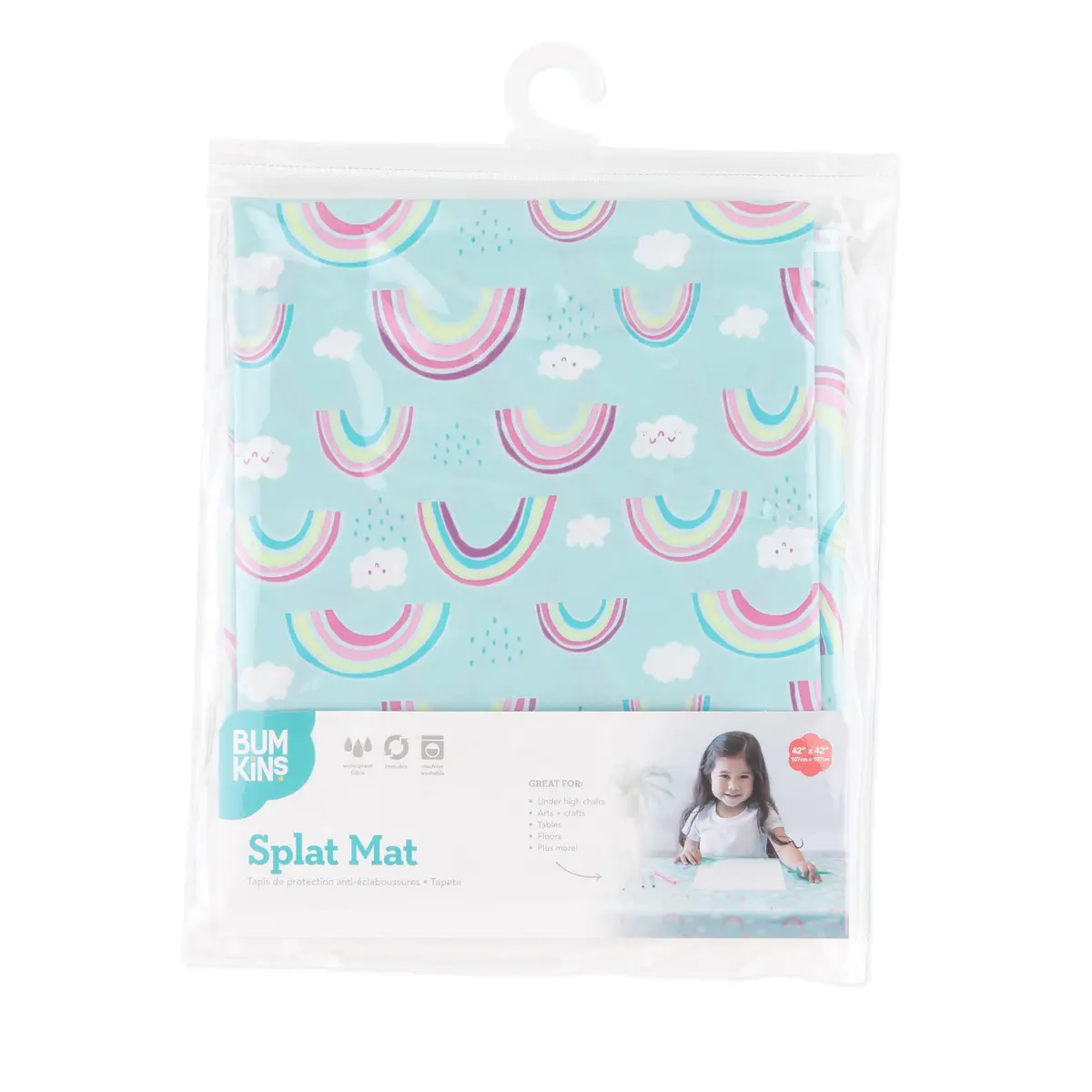 Bumkins Splat Mat 42x42 Inch Waterproof Reusable Fabric for Kids, Arts & Crafts, Playtime, Rainbow Blue - view 6