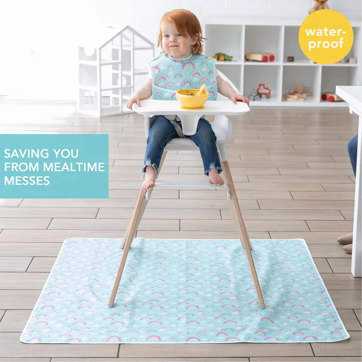 Bumkins Splat Mat 42x42 Inch Waterproof Reusable Fabric for Kids, Arts & Crafts, Playtime, Rainbow Blue - view 2