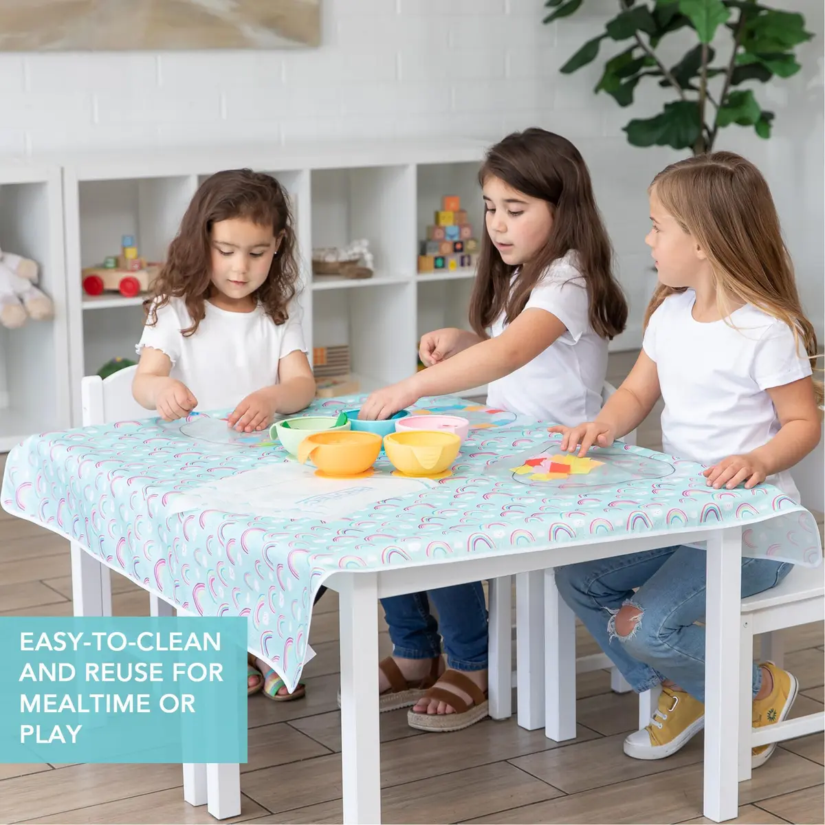 Bumkins Splat Mat 42x42 Inch Waterproof Reusable Fabric for Kids, Arts & Crafts, Playtime, Rainbow Blue - view 4
