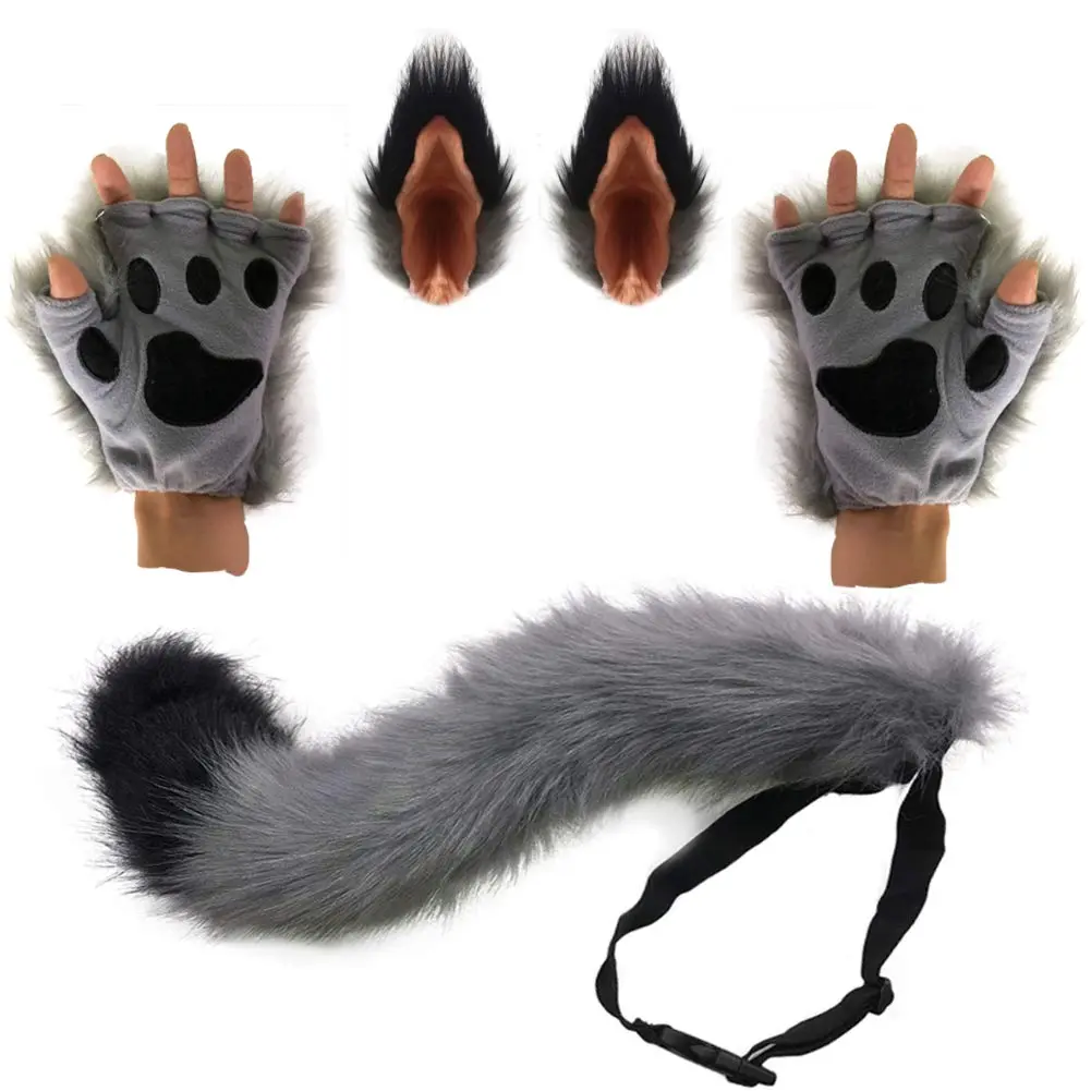 HAOAN Gray Apparel Costume Set for Women & Men | Animal Tail & Ears, Gloves, Adjustable Fit - main product image