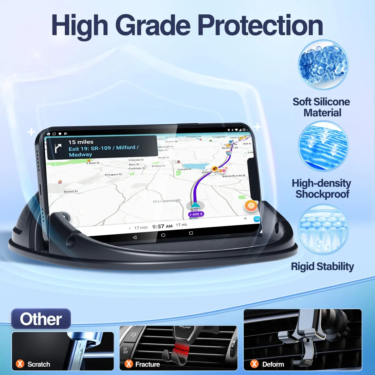 Loncaster Black Silicone Car Phone Holder Mat 12mm Thick | Grips Phones Securely on Dashboard - view 4