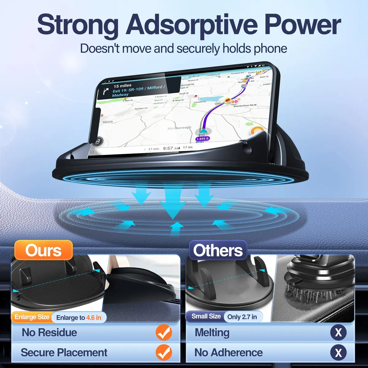 Loncaster Black Silicone Car Phone Holder Mat 12mm Thick | Grips Phones Securely on Dashboard - view 2