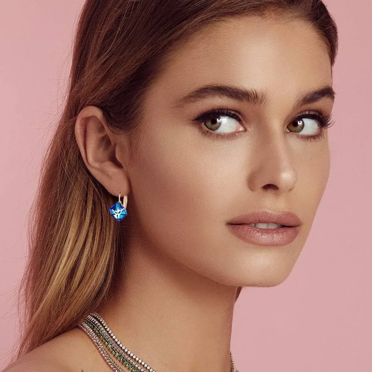 EVEVIC Austrian Crystal Cube Drop Leverback Earrings for Women | 2.29cm (0.9 in) x 1.52cm (0.6 in) Blue Crystal - view 2