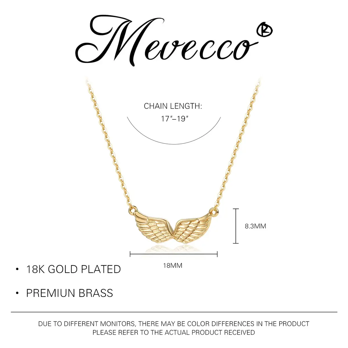 MEVECCO Dainty Angel Wings Necklace for Women | 18K Gold Plated Brass, 40.4 cm (15.7 in) Chain with 5 cm (2 in) Extender - view 7