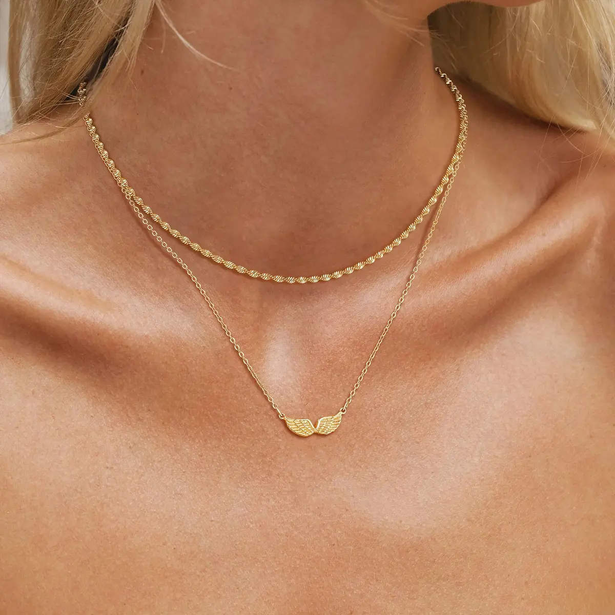 MEVECCO Dainty Angel Wings Necklace for Women | 18K Gold Plated Brass, 40.4 cm (15.7 in) Chain with 5 cm (2 in) Extender - view 3
