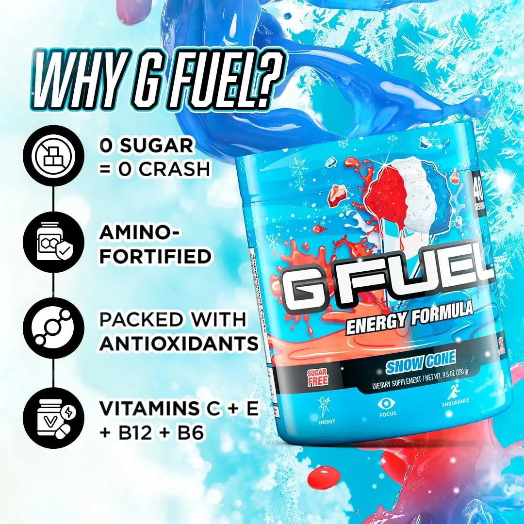 G Fuel Snow Cone Energy Drink Powder 9.9oz | Sugar-Free Focus & Antioxidants - view 4