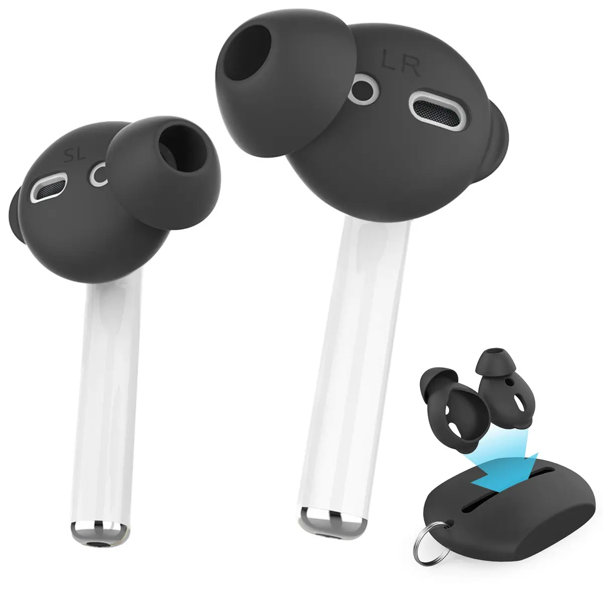 AHASTYLE Black Silicone Ear Tips for AirPods & EarPods, 4 Pairs (2 Large, 2 Small) | Passive Noise Reduction & Bass Enhancement - main product image