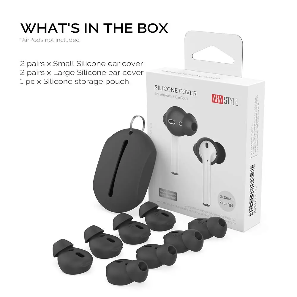 AHASTYLE Black Silicone Ear Tips for AirPods & EarPods, 4 Pairs (2 Large, 2 Small) | Passive Noise Reduction & Bass Enhancement - view 8