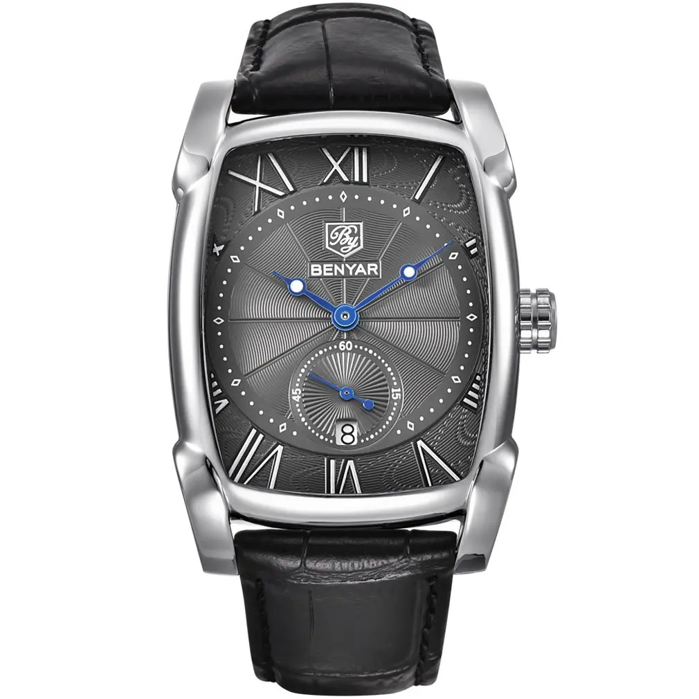 BENYAR Classic Rectangle Vintage Design Watch for Men | 41.7mm Case, Genuine Leather Strap, 30M Water Resistance - main product image