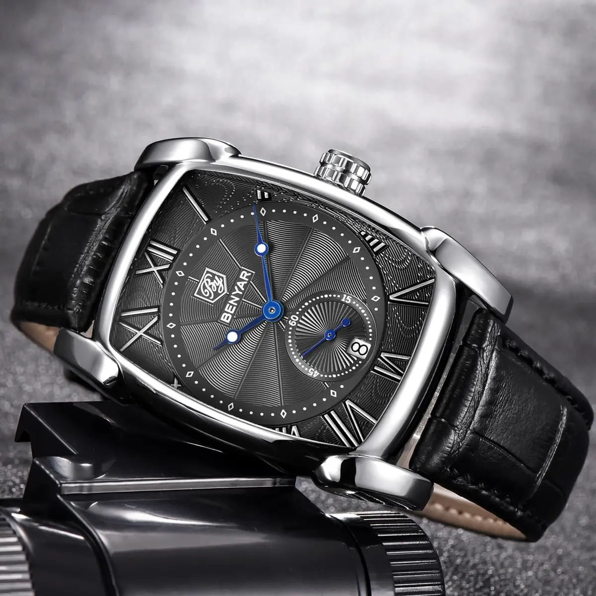 BENYAR Classic Rectangle Vintage Design Watch for Men | 41.7mm Case, Genuine Leather Strap, 30M Water Resistance - view 2