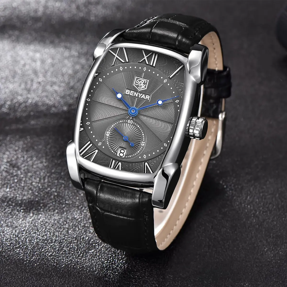 BENYAR Classic Rectangle Vintage Design Watch for Men | 41.7mm Case, Genuine Leather Strap, 30M Water Resistance - view 4